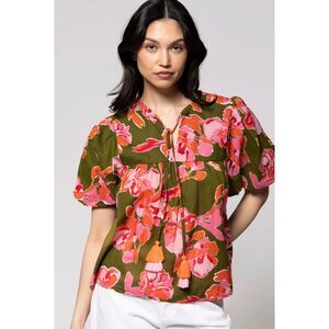 THML S NWT NEW Floral Olive Pink Top Bubble Sleeve Blouse Flower 100% cotton